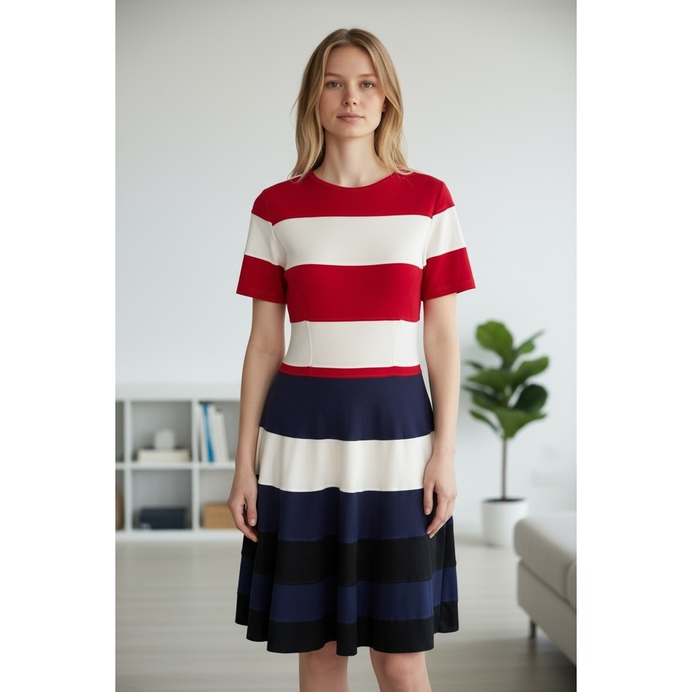 eShakti Red White & Blue Stripe Fit & Flare Knee Length‎ Cotton Dress Size 0